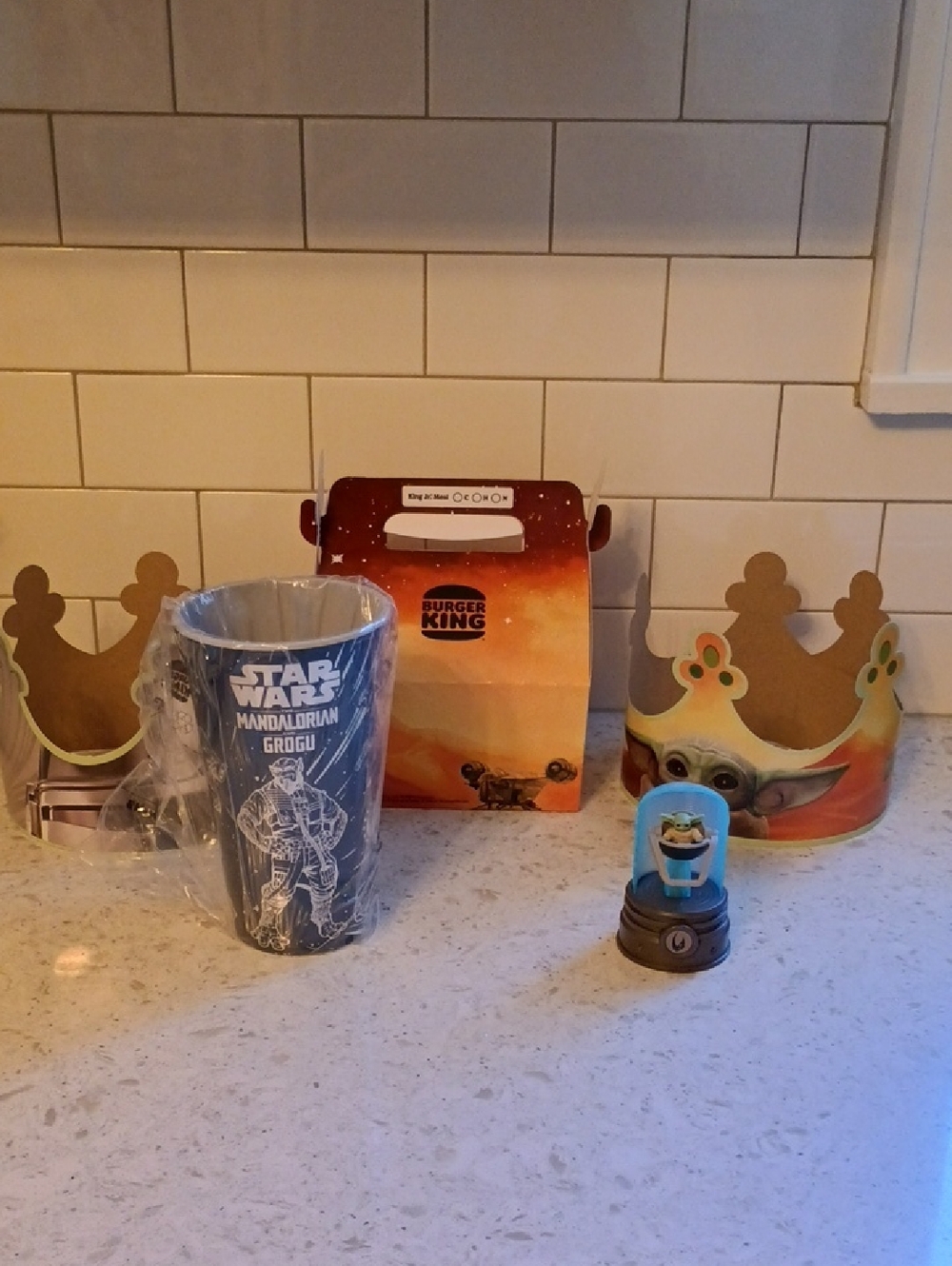 Star Wars Mandalorian Grogu Bundle; Blue Cup, 2 Hats, King Jr Box, Toy